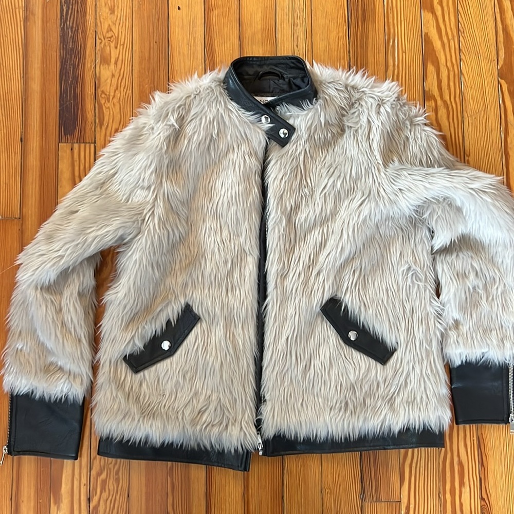 Noize Faux Fur Shaggy White Black Zip Moto Jacket Pleather